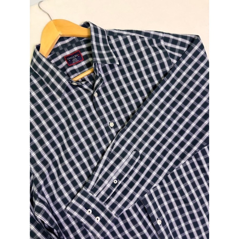 UNTUCKit Shirt Mens Large Navy Green Plaid Wrinkle Free Cotton Long Sleeve